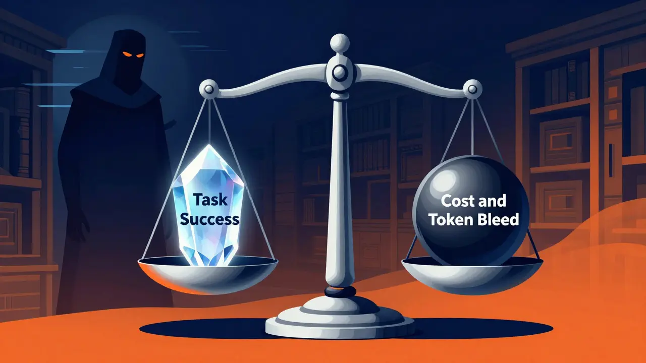 A celestial scale weighing task success against cost with a guardian blocking a digital threat.