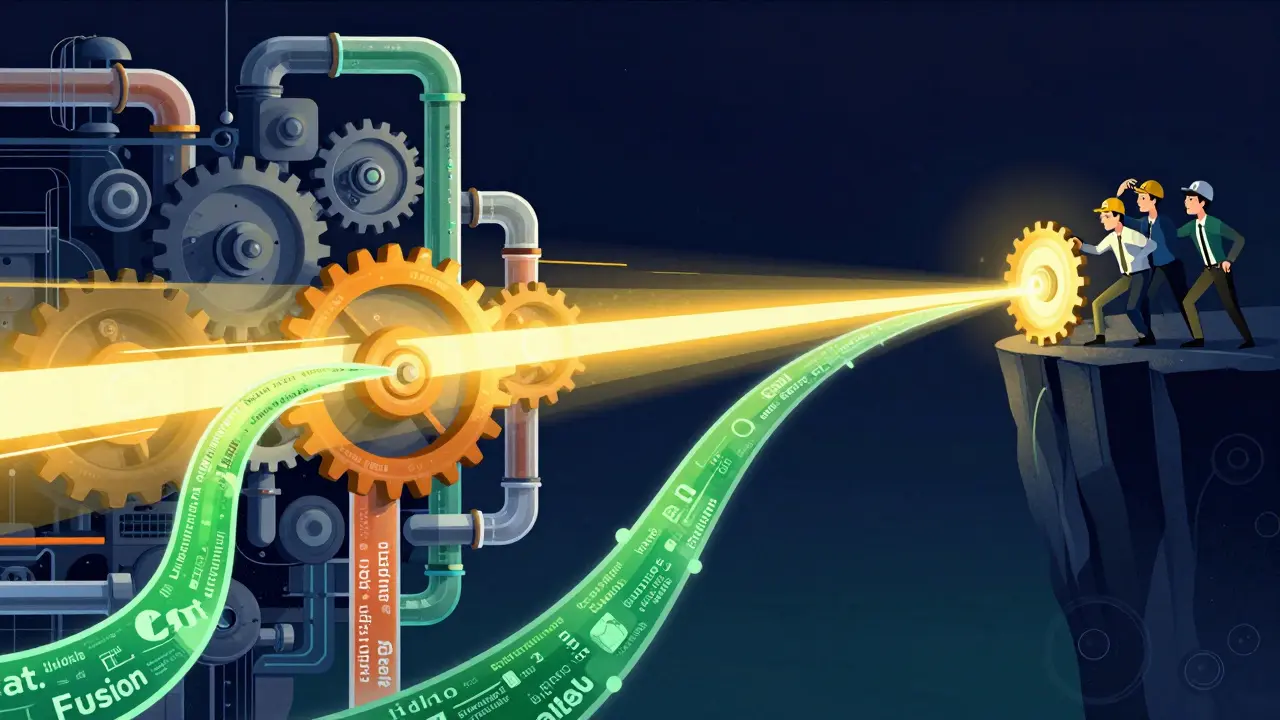 A complex data fusion machine ending at a steep cliff with engineers struggling to maintain it.