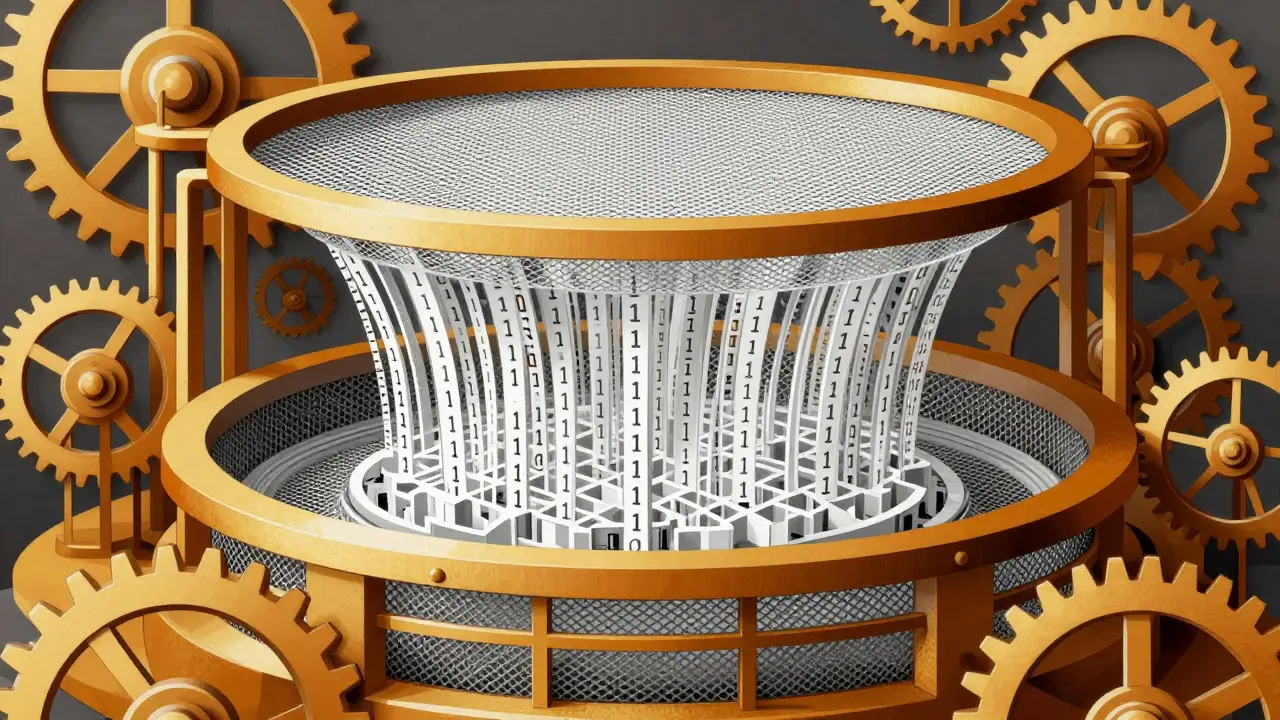A complex mechanical sieve filtering binary symbols through layers of increasing density.