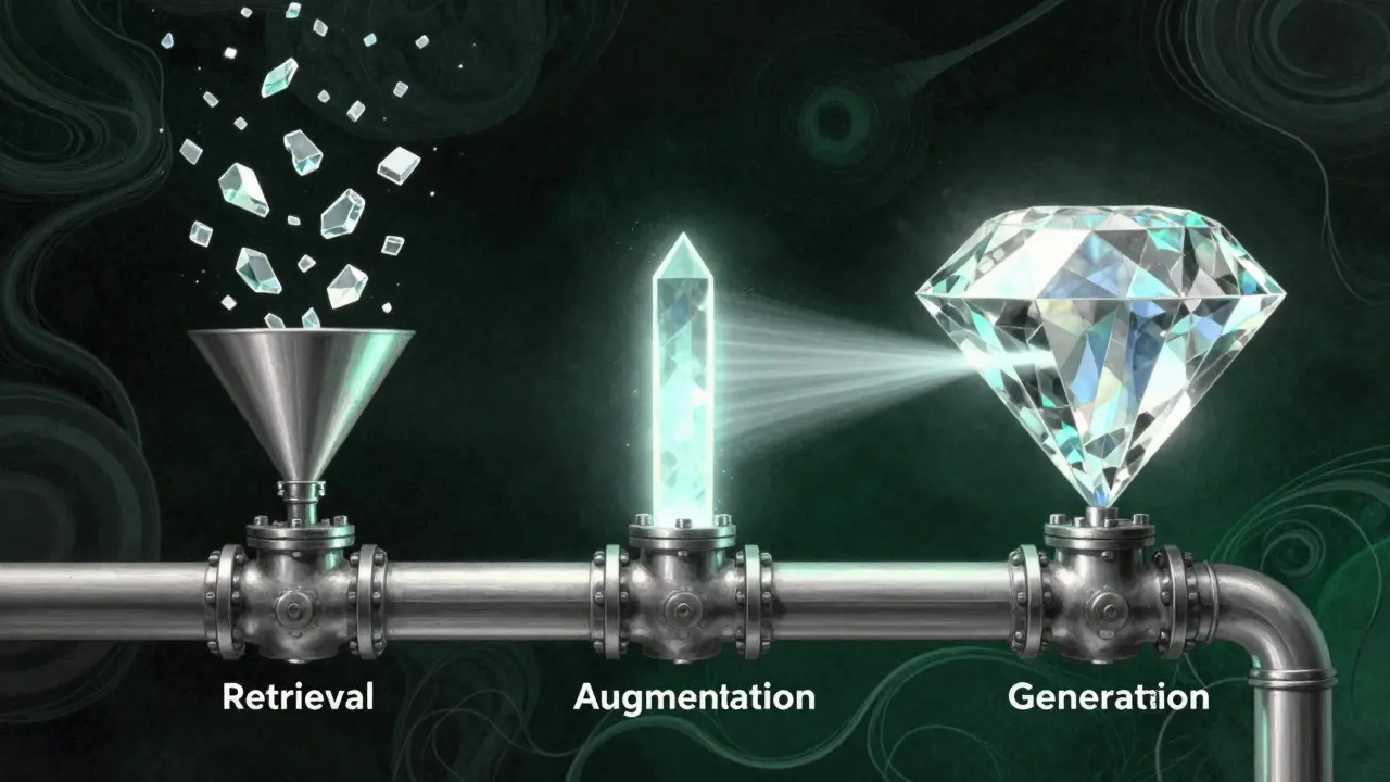 A conceptual pipeline showing data moving through retrieval and augmentation to a precise output.