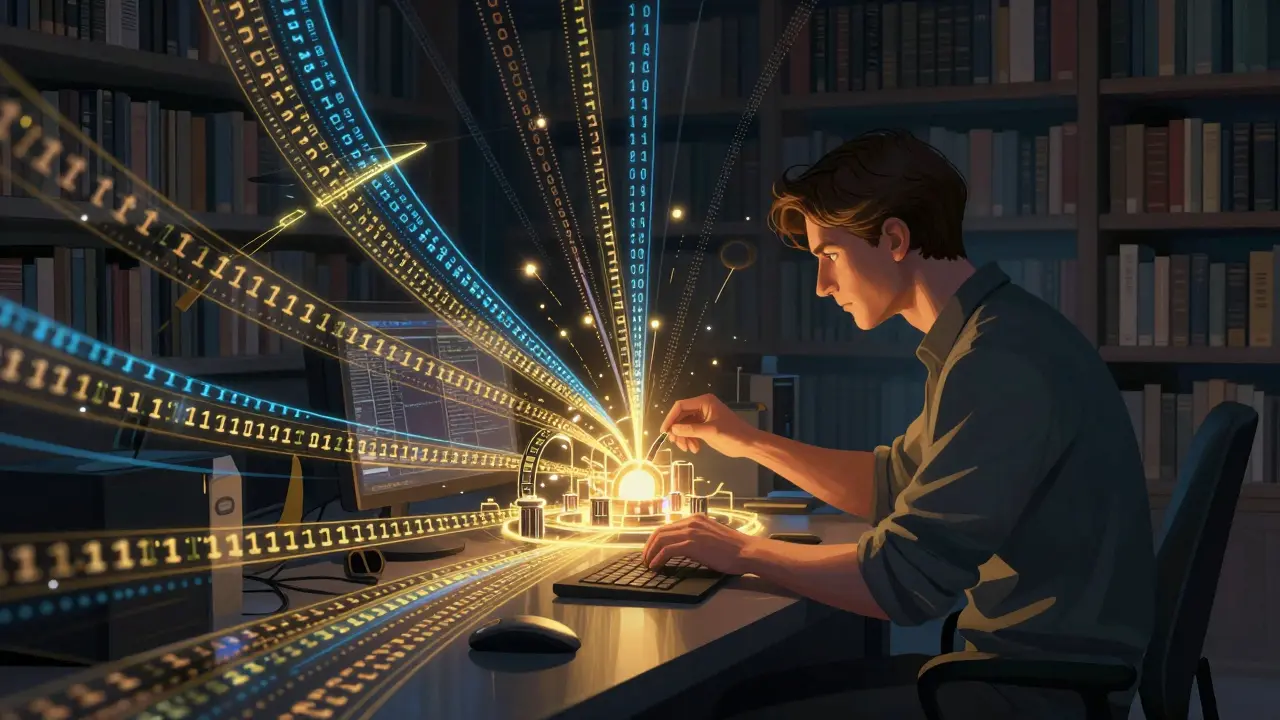 A digital artisan surrounded by streamlined code patterns and glowing energy.