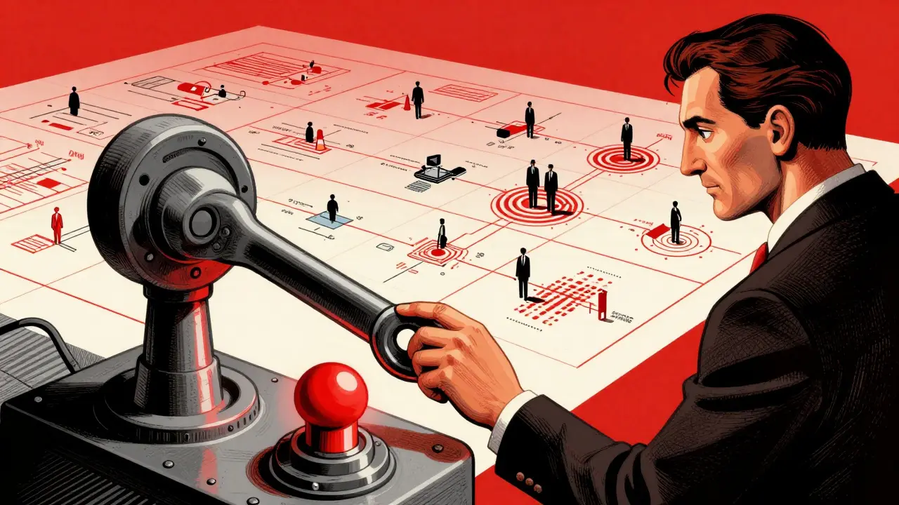 A focused human overseer about to activate a large red emergency kill-switch for an AI system.