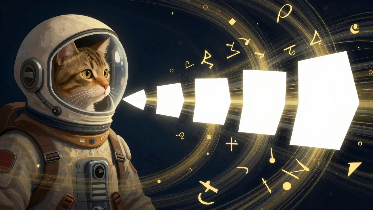 A fragmented image of a cat in a space helmet being reconstructed by data streams.