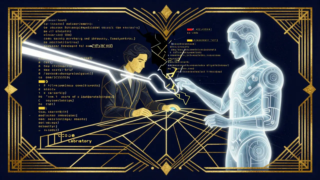 A human and AI entity analyzing a web of golden code lines with visible gaps and breaks.
