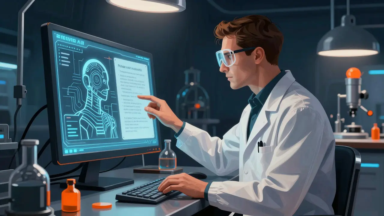 A human safety expert and a stylized AI interface collaborating to verify a high-risk laboratory protocol.