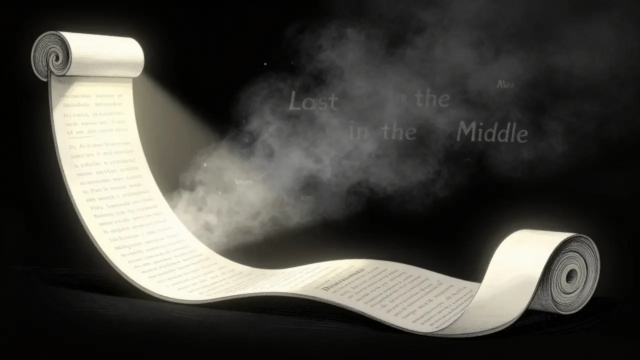 A long scroll with bright ends and a dark, misty center representing attention loss