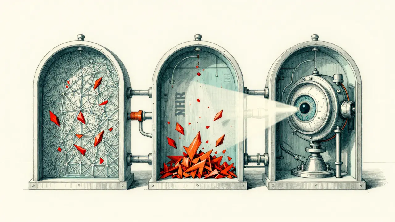 A multi-stage industrial filter cleaning data streams using geometric patterns and a mechanical eye.