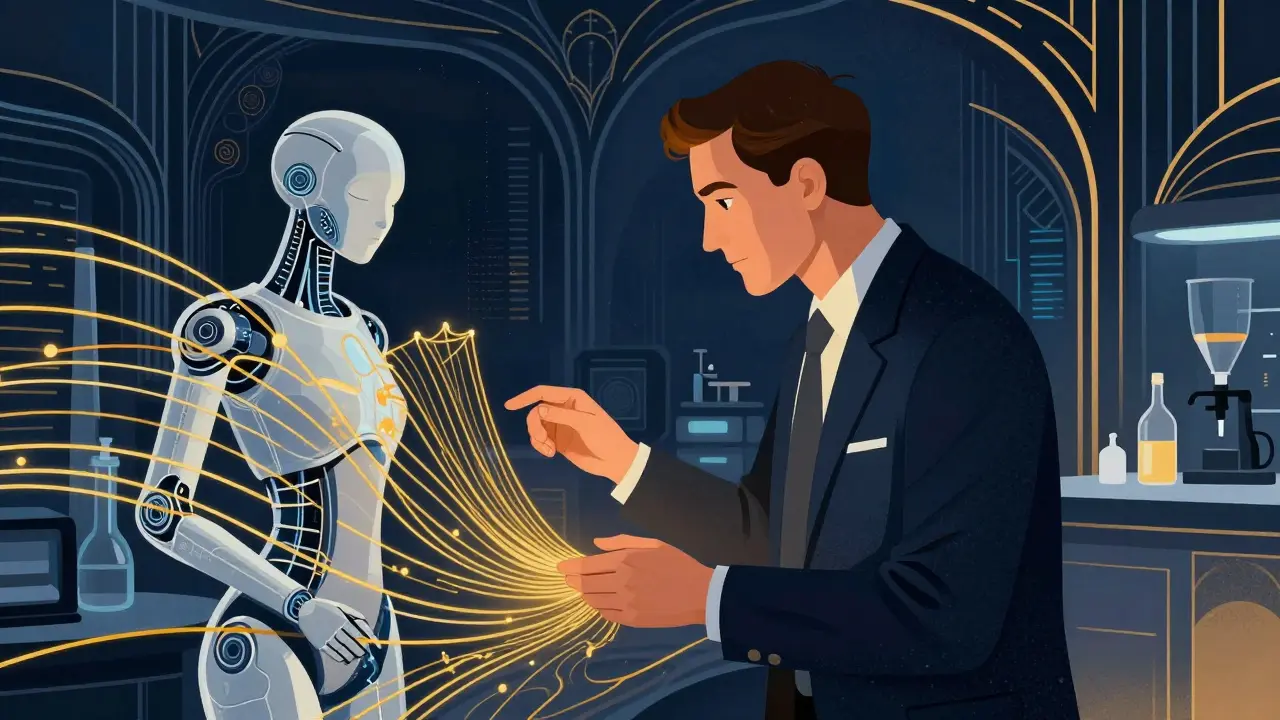 A professional and an AI entity analyzing complex biomedical data threads together.