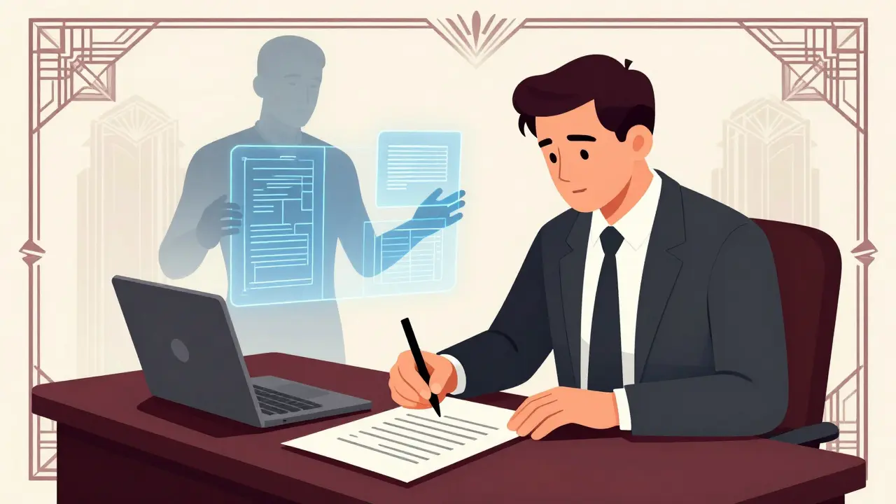 A professional signing a compliance document while a ghostly AI presents blueprints.