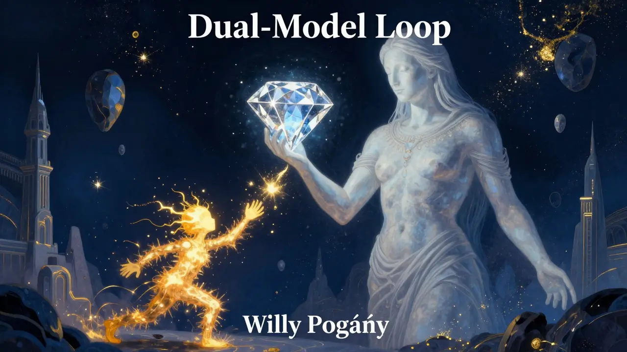 A small spark entity providing ideas to a giant celestial figure sculpting a polished diamond.