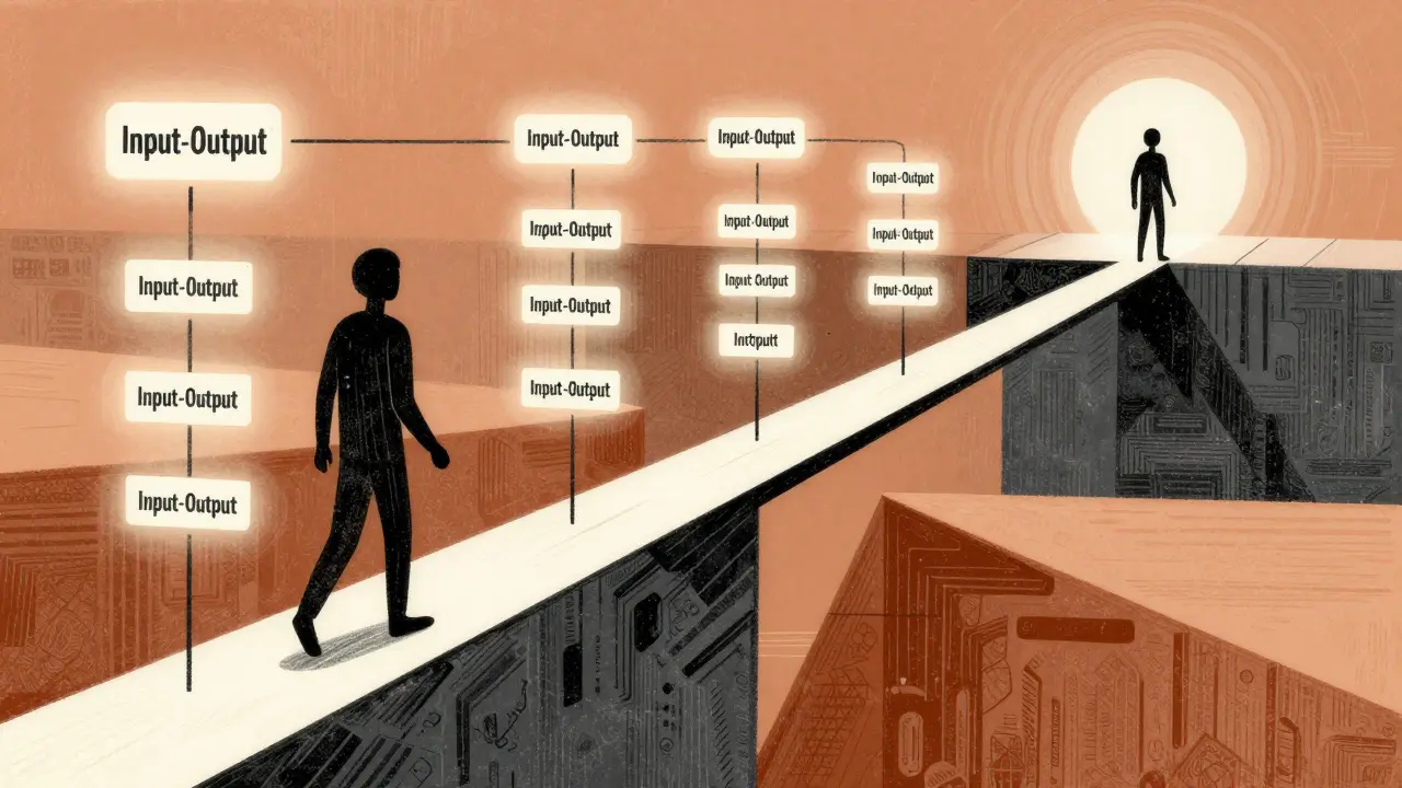 A stylized AI figure following a path of example pairs to reach a precise goal.