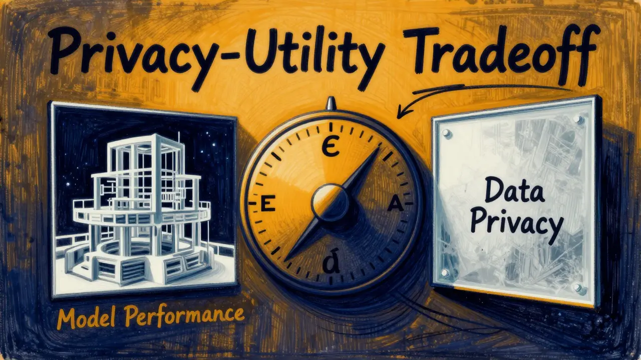 A stylized control dial balancing model performance and data privacy in a vintage illustration style.