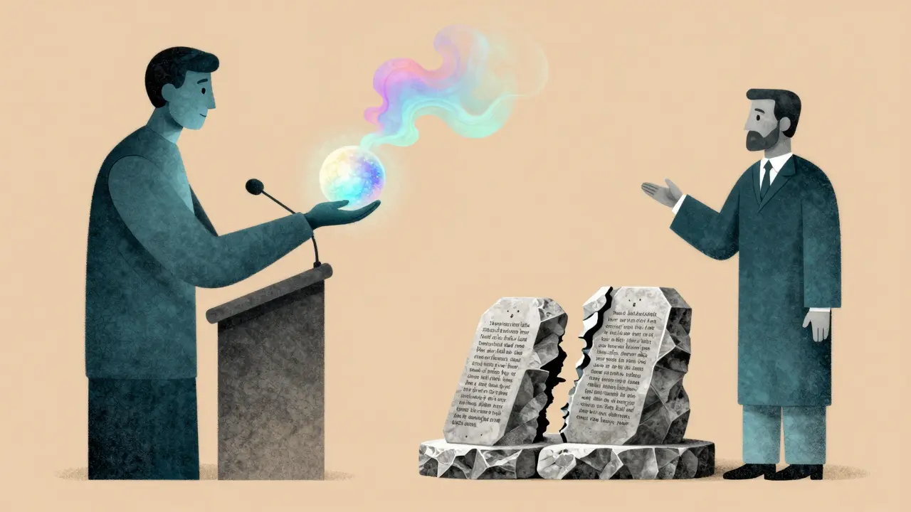 A stylized figure presenting a glowing answer being judged against stone tablets.