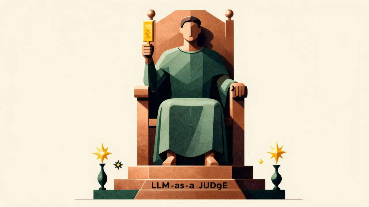 A stylized judge figure evaluating diverse AI outputs using a golden rubric.
