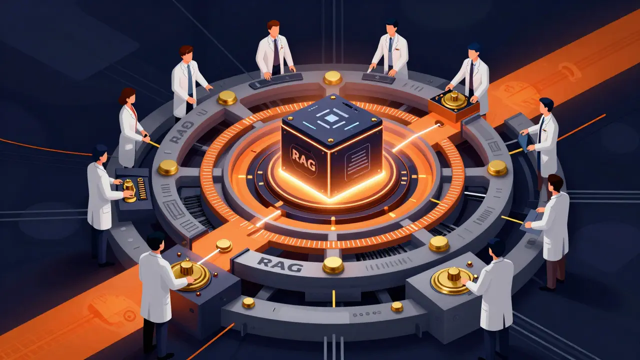 A stylized technical architecture showing humans controlling an AI core with concentric guardrail rings.