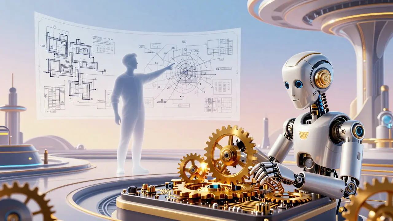 An ethereal guide and a mechanical entity collaborating on a complex technical project.