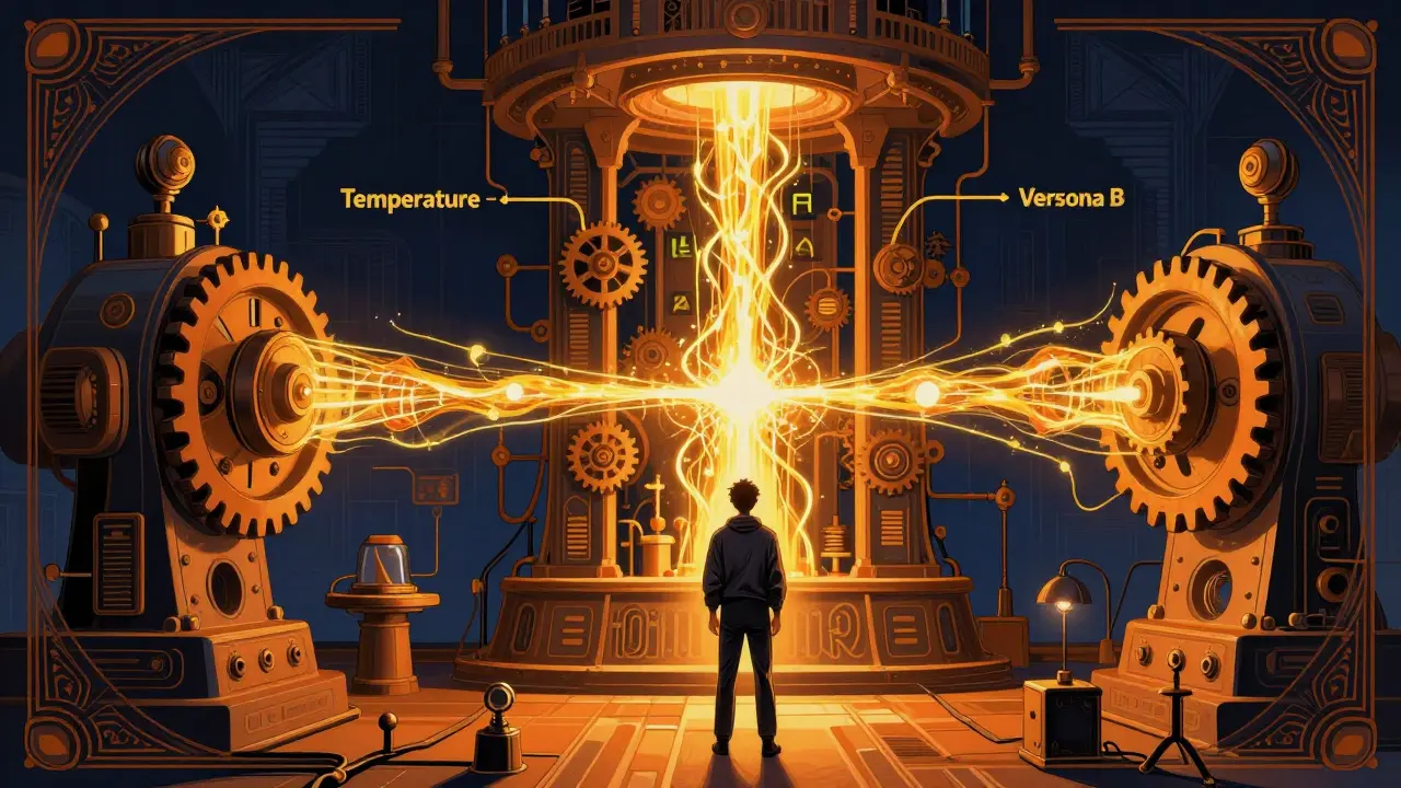 An ornate machine splitting AI prompt streams into two variants for experimental testing.