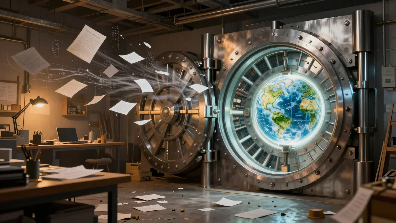 Comparison between chaotic leaked secrets and a secure digital vault in Pogány style.