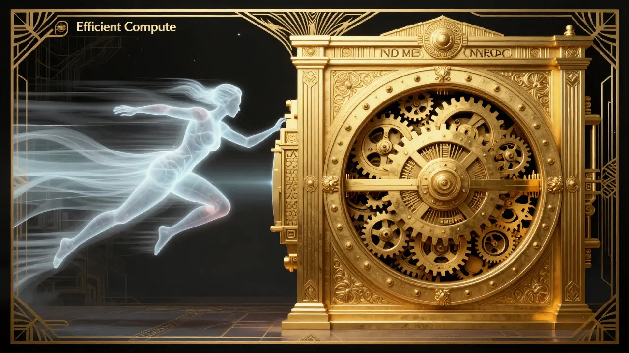 Contrast between a light, fast figure and a massive, ornate storage vault.