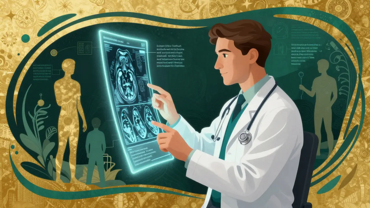 Doctor and AI interface collaborating to analyze a holographic medical scan.