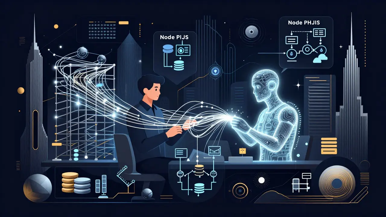 Engineer and AI entity weaving glowing threads to build complex server infrastructure.