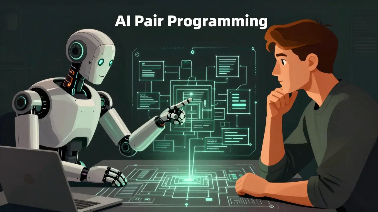 Illustration of a human and a robot collaborating over a complex software blueprint.