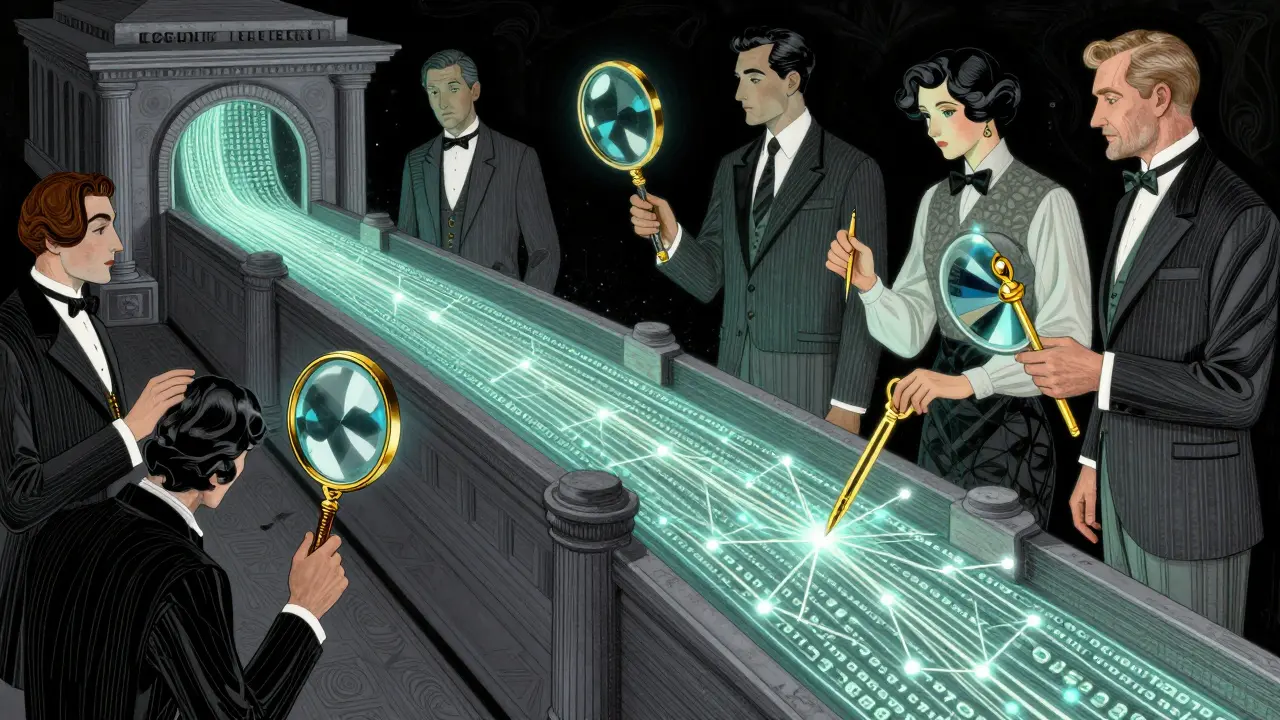 Illustration of professionals using magnifying glasses to audit a stream of digital code.