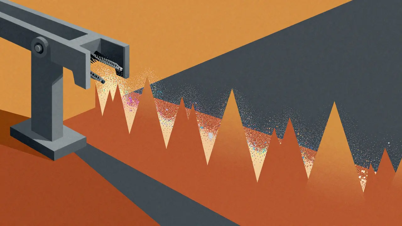 Mechanical clipping and noise addition process transforming data gradients in a graphic art style.