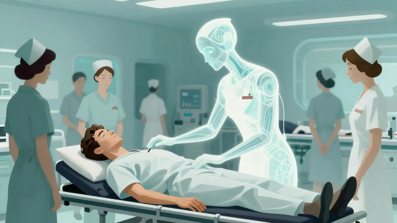 Stylized AI entity assisting a nurse in a busy emergency room triage.