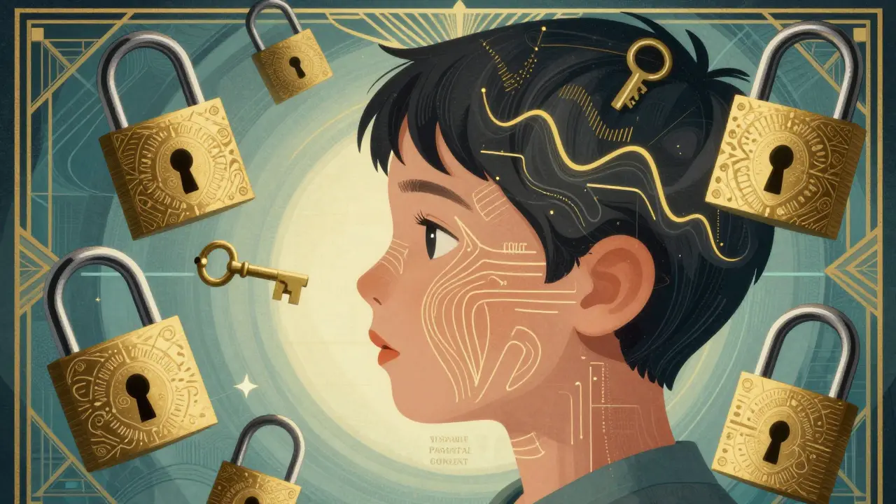 Stylized biometric waveforms around a child's face with floating mechanical locks for data protection.