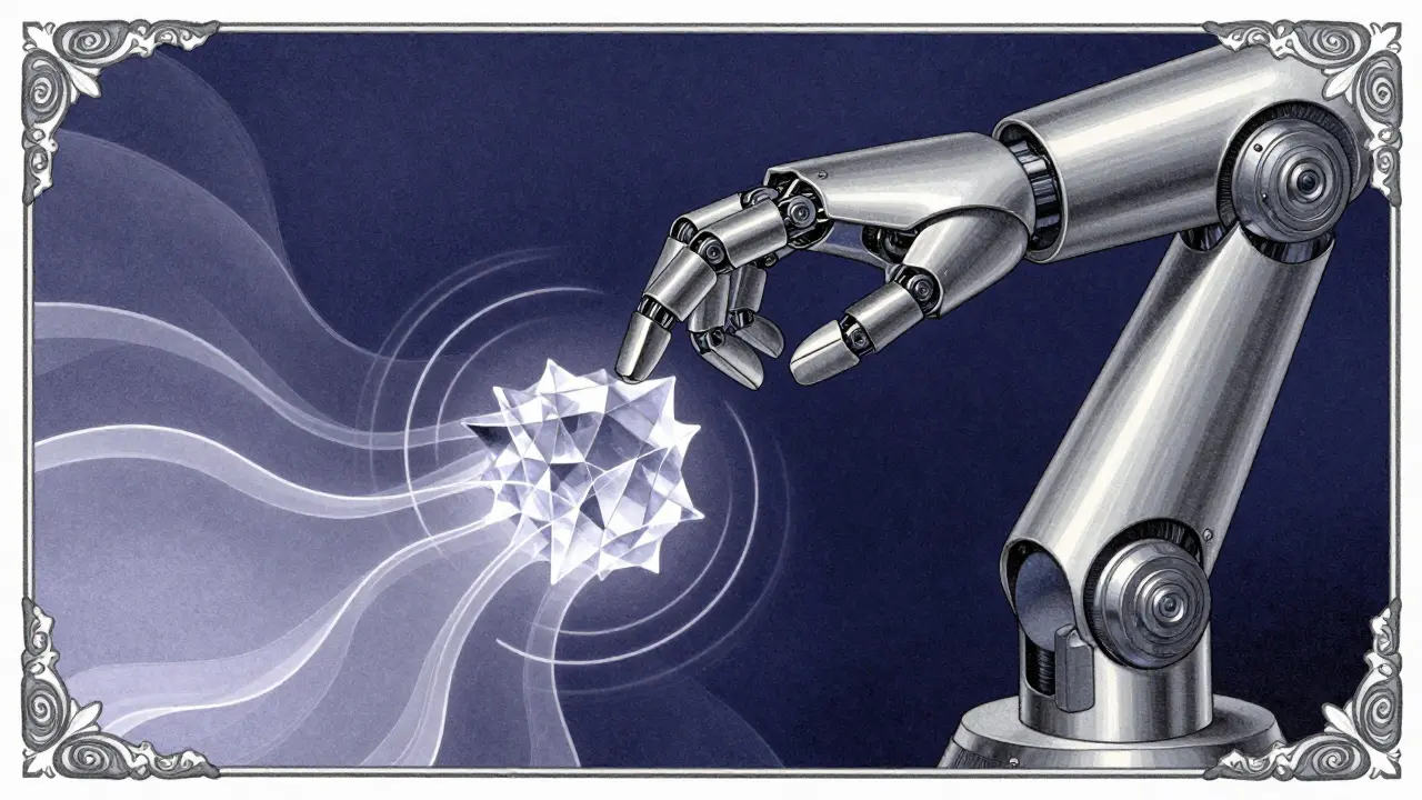 Stylized robotic hand grasping crystal with feedback waves.