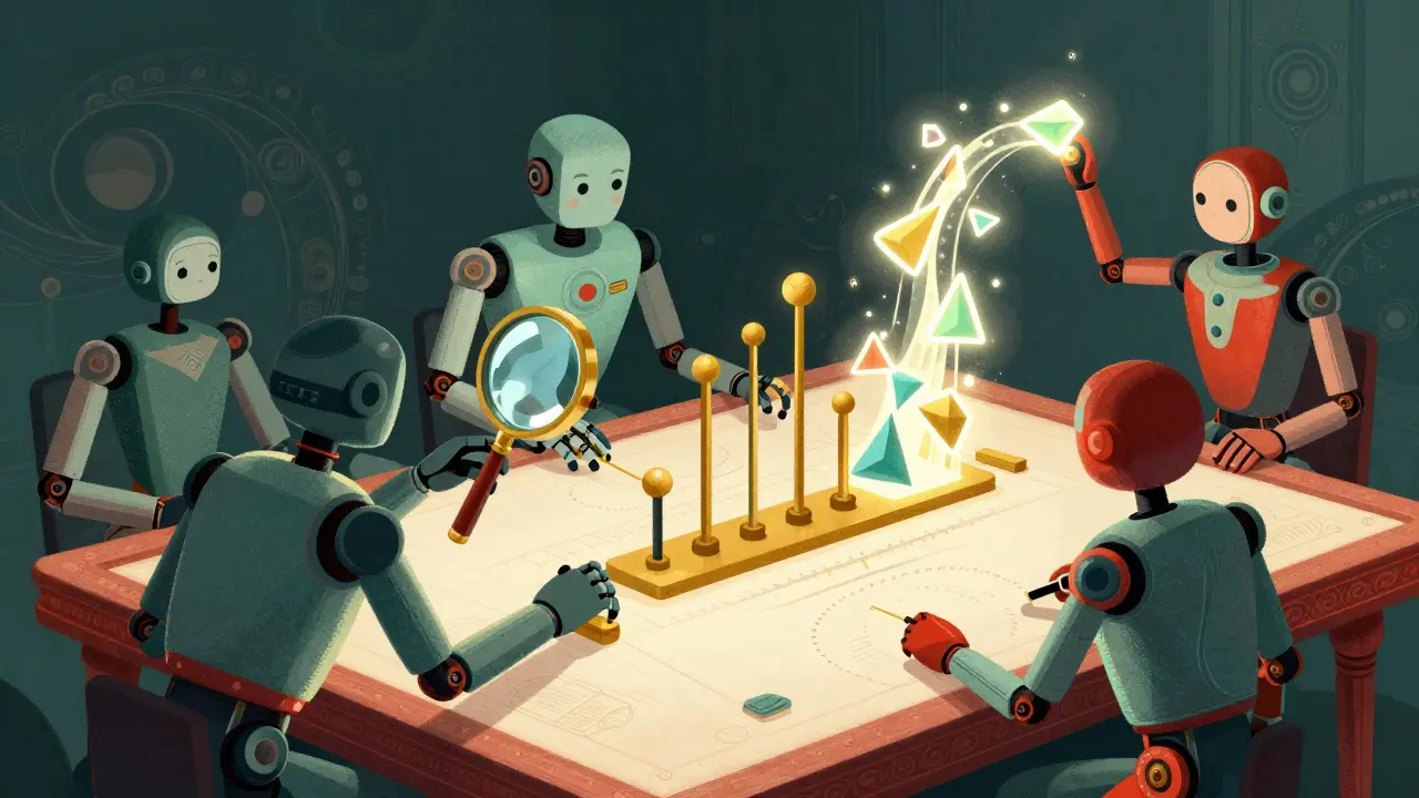 Stylized robots collaborating around a grand drafting table using complex tools.