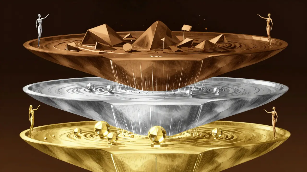 Three cascading pools of bronze, silver, and gold representing a data filtration system in Art Deco style.