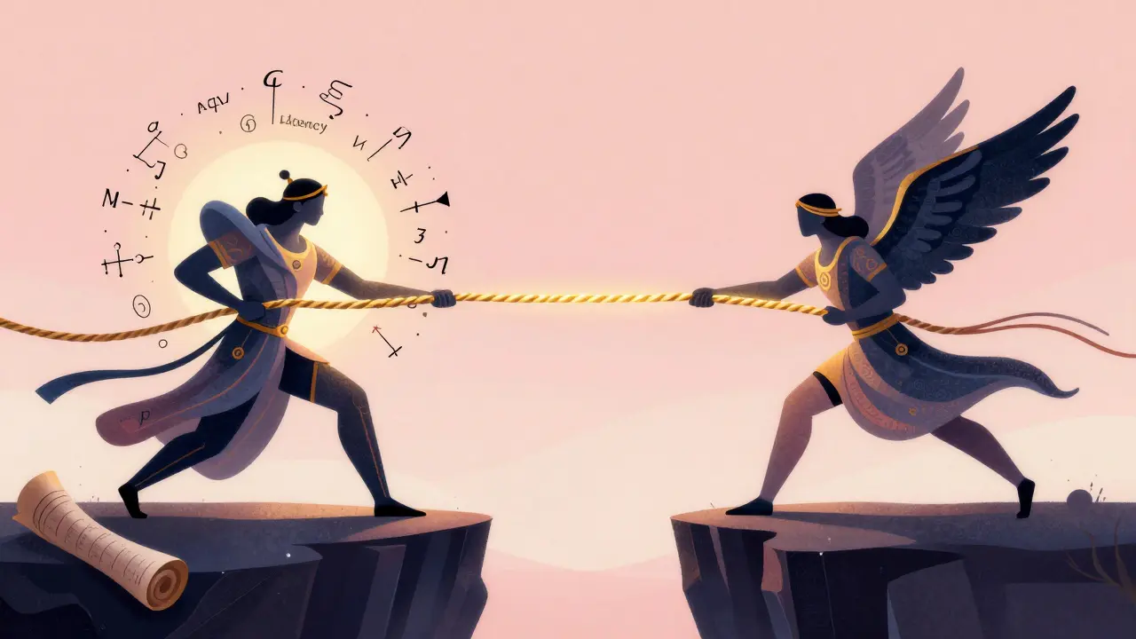 Two allegorical figures pulling a golden rope to represent the struggle between accuracy and speed.