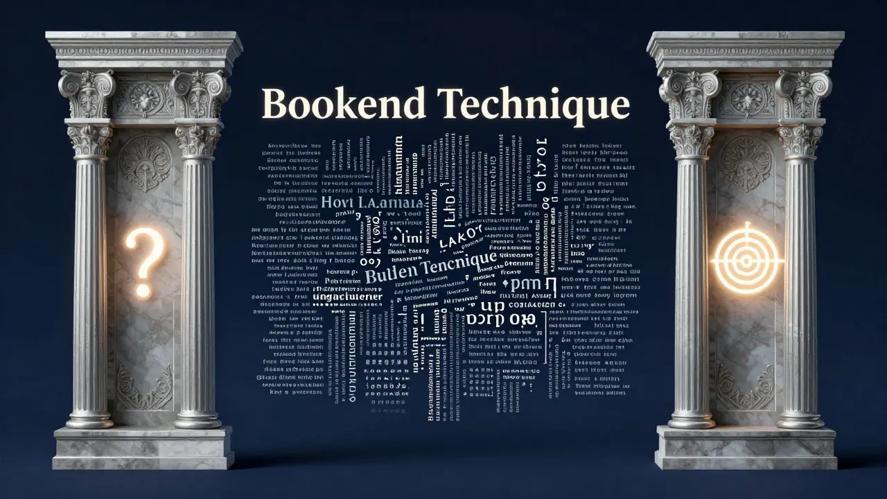 Two ornate pillars framing a block of text to represent the bookend prompting technique