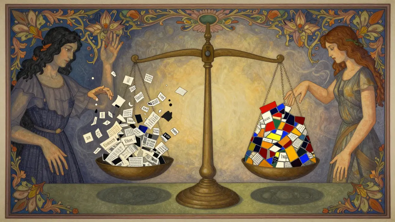 Allegorical drawing of balancing scales with diverse data being curated into a harmonious mosaic pattern.