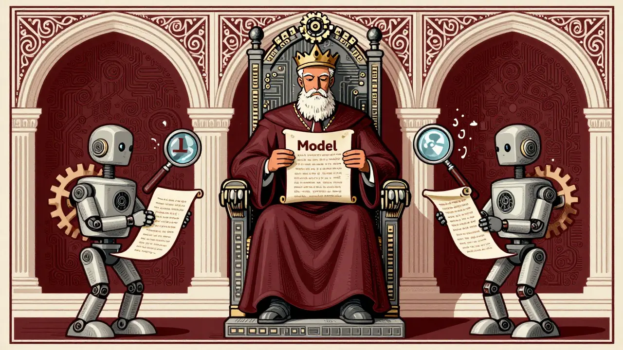 Anthropomorphic judge model evaluating two robots' responses on an ornate throne