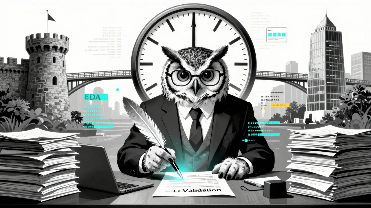 Artistic depiction of regulatory review integrating AI validation standards
