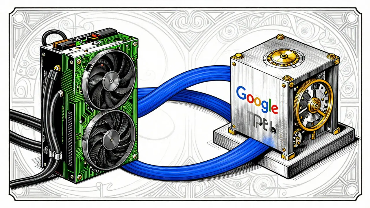 Artistic drawing comparing GPU flexibility and TPU specialization through mechanical metaphors.