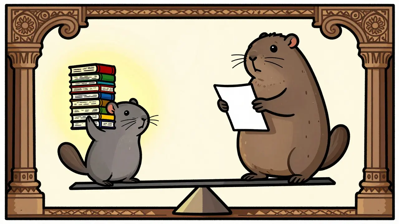 Balanced scale showing small model with many books vs large model with few papers
