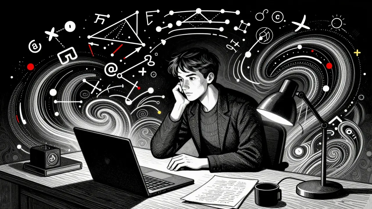 Contemplative thinker surrounded by swirling patterns of logic and reasoning