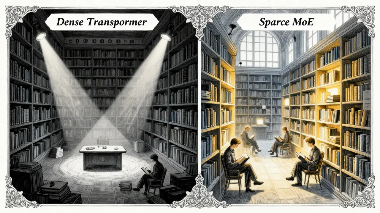 Contrast between a cluttered fully-lit library and an efficient selectively-lit library.