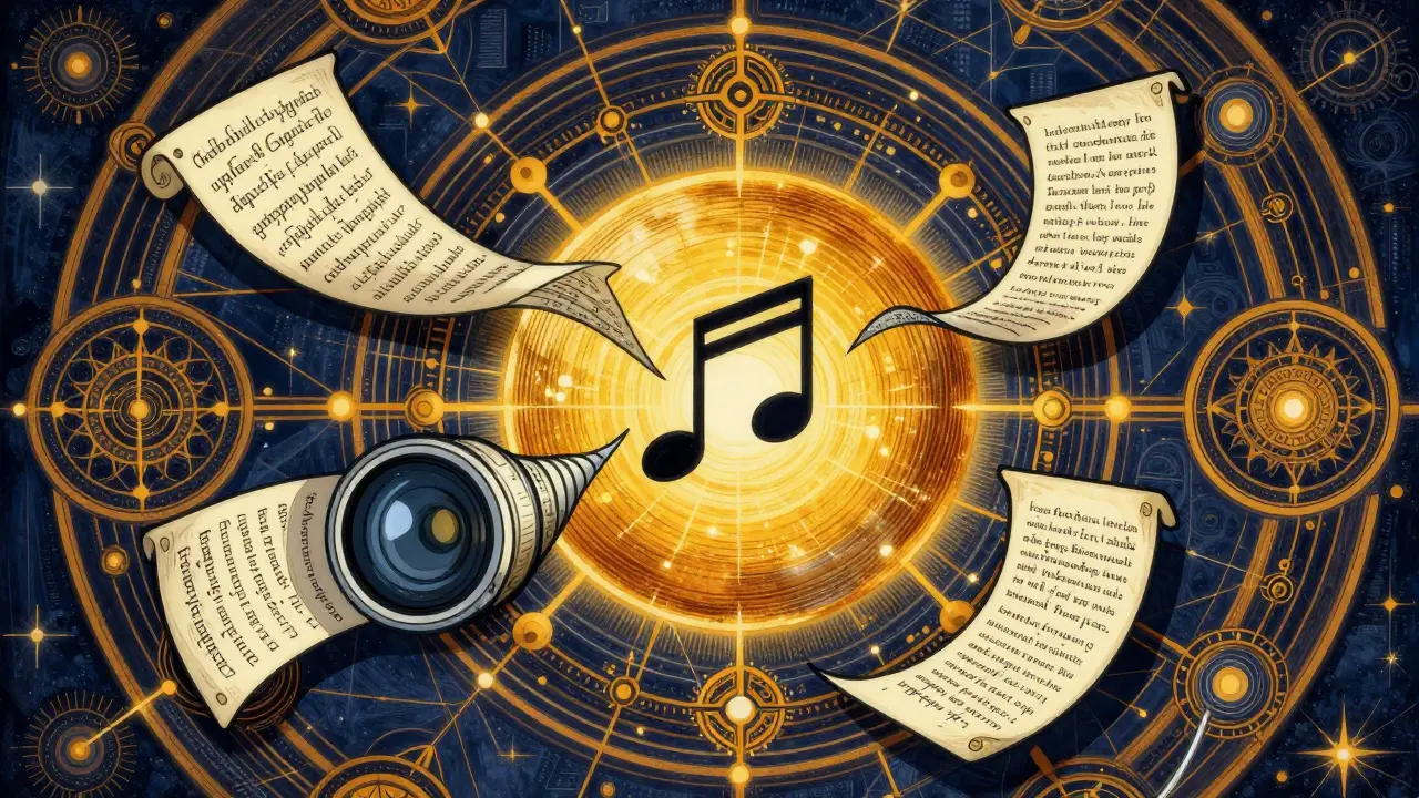 Decorative art showing music, text, and images merging into a unified sphere