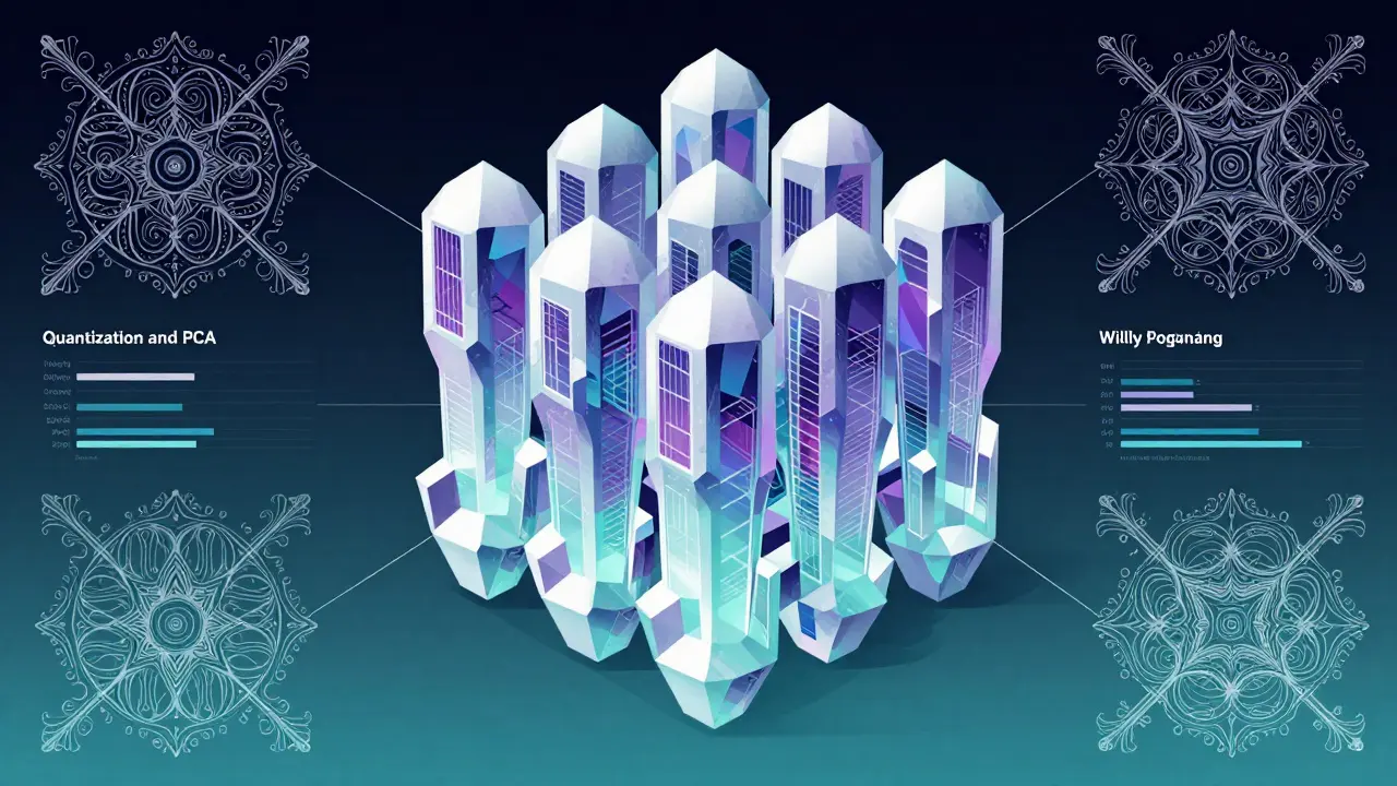 Decorative art style image of a crystal structure compressing efficiently, representing vector quantization.