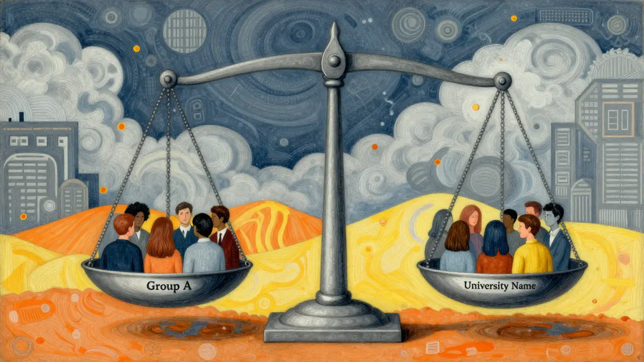 Decorative drawing showing a balanced scale hiding unfair rejections of specific individuals beneath the surface.