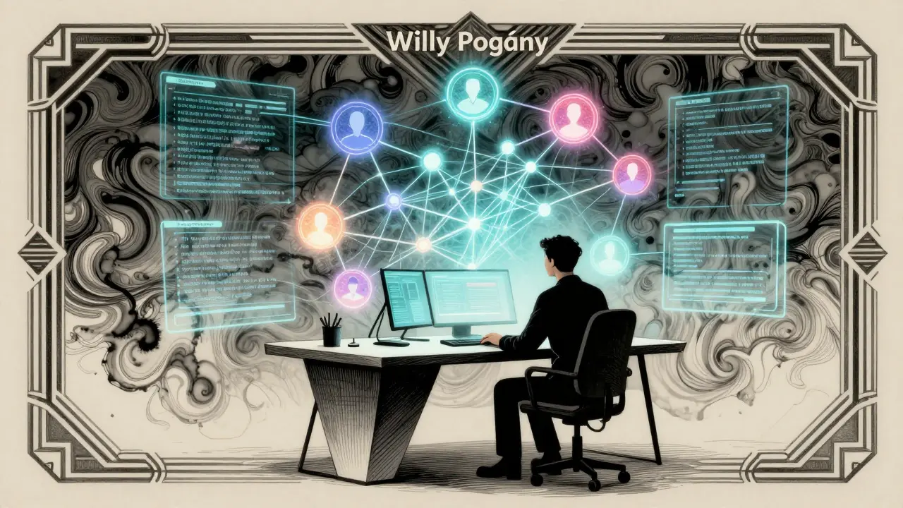 Developer analyzing a glowing neural network schematic with active expert nodes.