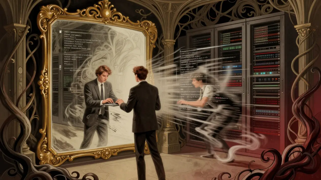 Developer facing a mirror showing the illusion of fast coding