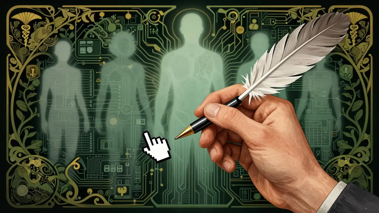 Engineer's hand transforming quill to cursor amidst medical and circuit patterns