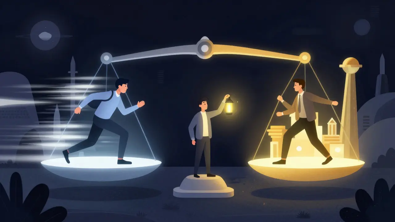 Figures balancing speed and quality on a glowing scale