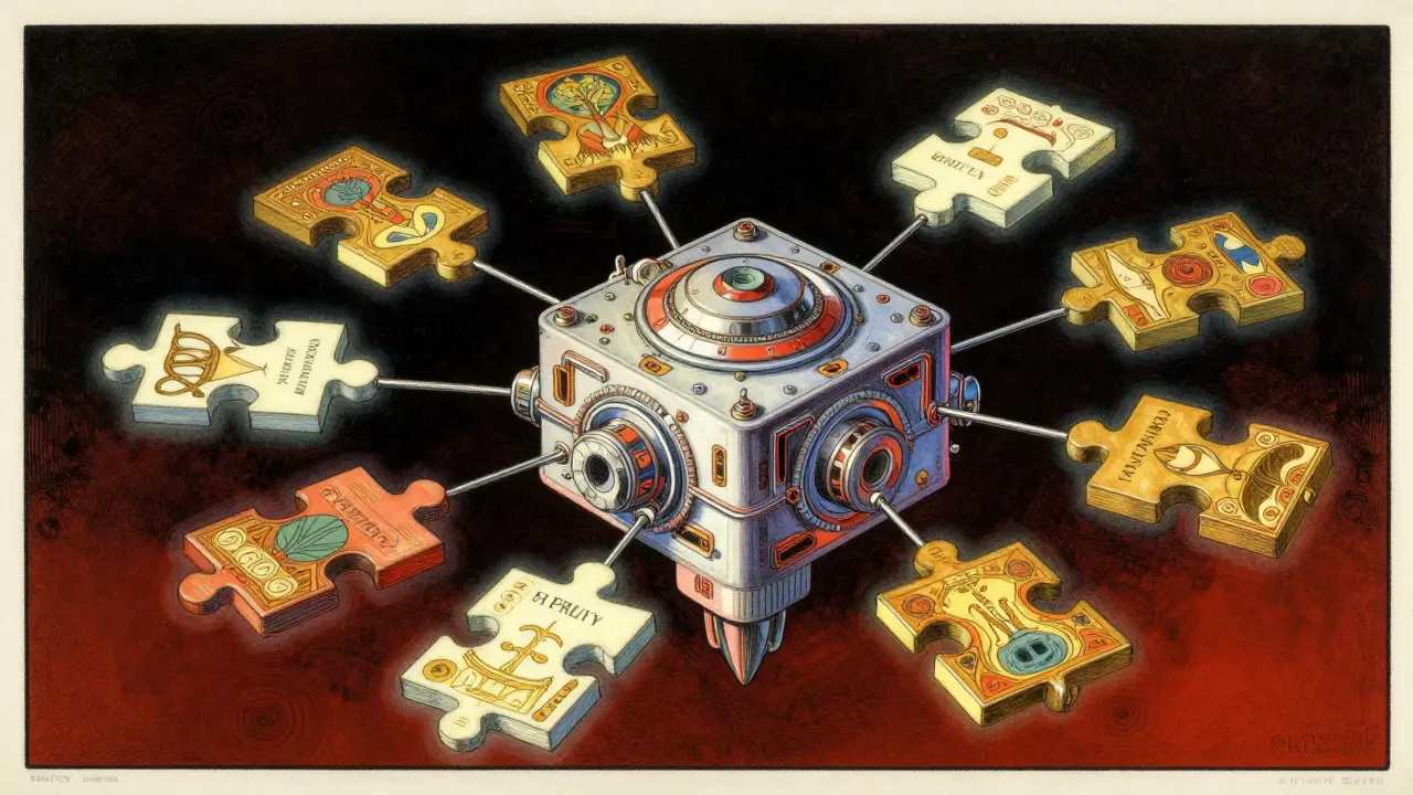 Futuristic modular AI engine with glowing adapter pieces